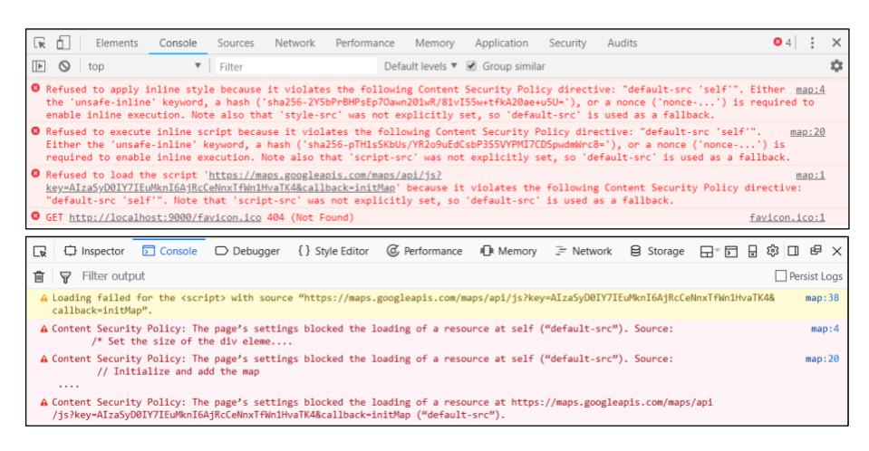 A browser is showing error messages about blocked inline styles and scripts due to a content security policy that restricts external resources from loading unless explicitly allowed, preventing certain Google Maps JavaScript functions from working properly on this page.
