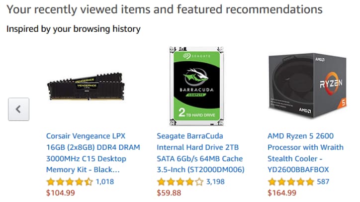 A product recommendation section showing items based on browsing history: a memory kit with black packaging and specifications for 16GB DDR4 RAM, a 2TB internal hard drive from Seagate with SATA interface details, and an AMD Ryzen 5 processor paired with a cooling system. The products are displayed alongside their prices and customer ratings.