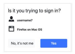 This screen displays a verification step where users are asked if they intended to sign in using a username labeled "username7" on Firefox for Mac OS. There are two options provided: "No, it’s not me," represented by a gray box with no selection, and "Yes," indicated by a blue button at the bottom of the screen.