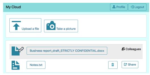A digital cloud storage interface showing a section titled "My Cloud" with options to upload files via an upward arrow icon labeled "Upload a file," and another icon labeled "Take a picture." Below, there are two documents listed: a confidential business report named Business report_draft_STRICTLY CONFIDENTIAL.docx shared among colleagues, and a simple text note titled Notes.txt. There’s also an option to share files or delete them.