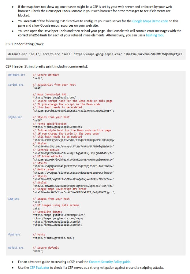 A detailed explanation of a Content Security Policy (CSP) header is shown, outlining directives for loading scripts, styles, images, fonts, and data from trusted sources like your own website or Google Maps APIs. This policy ensures that only approved resources can be loaded to prevent unsafe script execution on the webpage. The hash values are used to verify scripts and styles have not been altered without authorization.