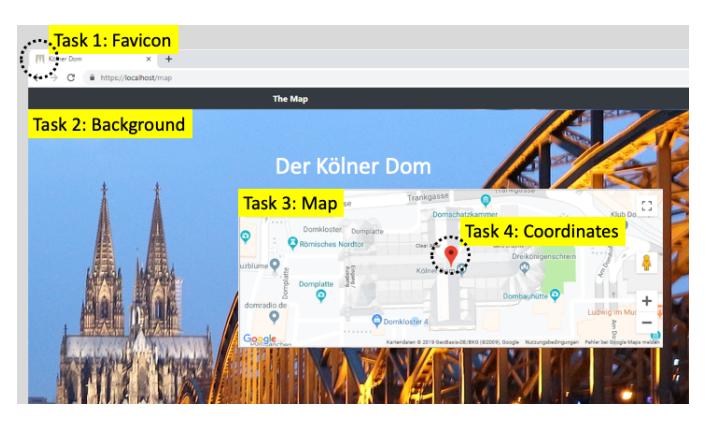 A webpage displays four interactive tasks: the first shows a small icon at the browser tab corner labeled as a city landmark; the second highlights a dark background image of a bridge over water with buildings in the distance; the third includes an embedded map centered on a famous cathedral, showing its location within a city; and the fourth pinpoints exact latitude and longitude coordinates for placing a marker on that same map.