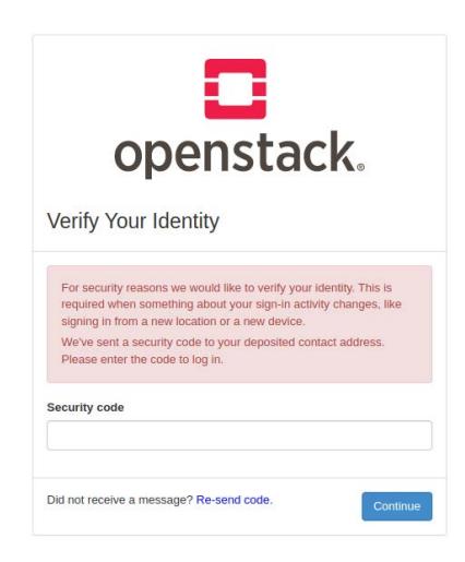 A login verification screen from OpenStack is displayed, prompting you to enter a security code sent to your registered contact address to confirm your identity before proceeding with signing in on a new device or location.